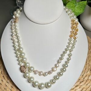 CHICO’S Long Pearl Necklace Faux and Real Freshwater Pearls Amber Tone Faceted